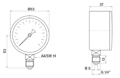 ابعاد مانومتر میلی‌بار پکنز افقی خشگ صفحه 6سانت