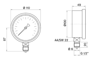 ابعاد مانومتر میلی‌بار پکنز عمودی روغنی صفحه 10سانت