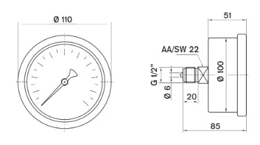 ابعاد مانومتر میلی‌بار پکنز افقی خشگ صفحه 10سانت