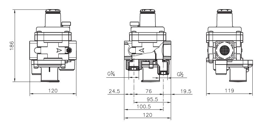 ابعاد رگولاتور گازی ماداس دنده ای سایز "1 مدل FRG/2MBCZ